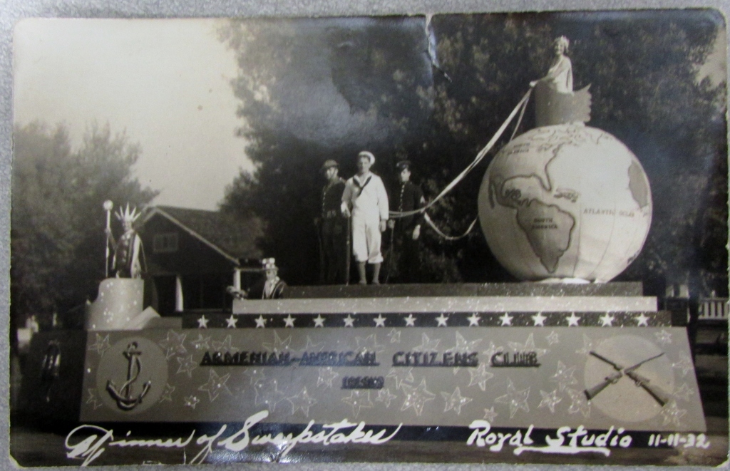 Photo of the parade float of the Armenian-American Citizens Club taken on November 11, 1932. Founded in 1931, the organization later became known as the Armenian-American Citizens League. (Photo courtesy of the Aghavni Kazarian Family, Armenian Studies Program, Fresno State.) 