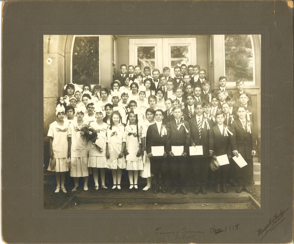 Photo of the Emerson Grammar School Class of 1915. Located at the intersection of Van Ness and Santa Clara avenues in the heart of Old Armenian Town, the school provided primary education to numerous immigrant and first generation Fresno Armenians.  (Photo from the Vahan Chagerian Daron Collection, donated by the Aghavni Kazarian Family to the Armenian Studies Program, Fresno State.) 